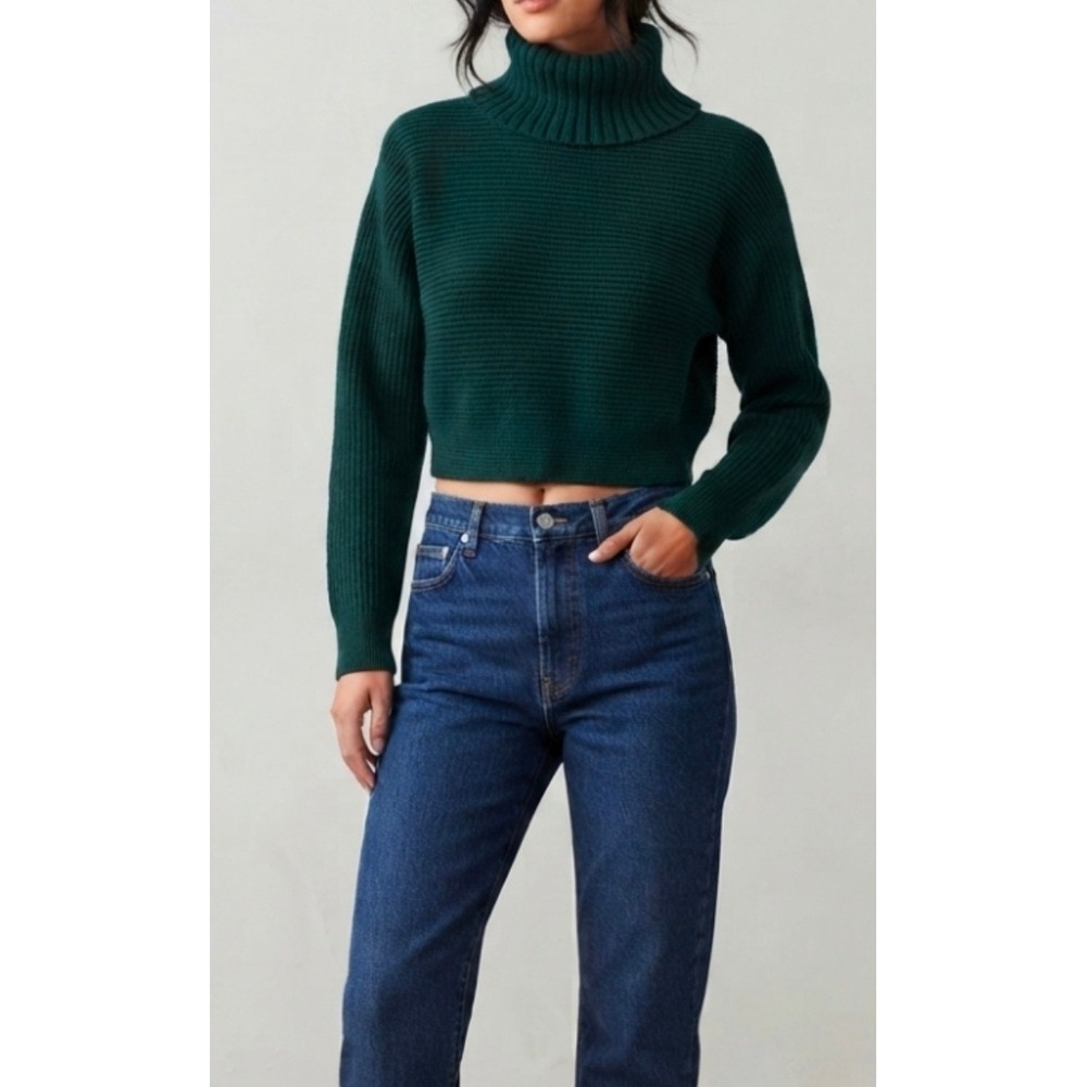 Magaschoni Forest Green Ribbed Cropped Turtleneck Minimalist Timeless Classic L
